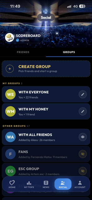 Social groups screen